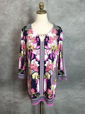 JM Collection Floral Tunic Size XL Pink Blue Chain Neck Rhinestones 3/4 Sleeve